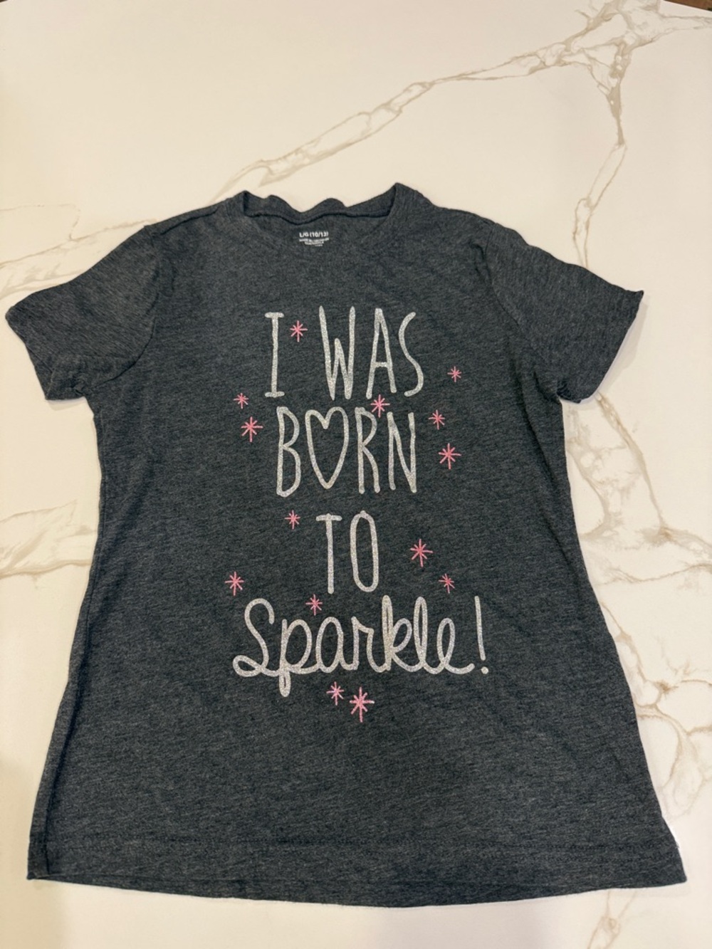 Charcoal Graphic Tee with Pink and White Sparkle Design